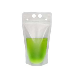 500ml Clear Drink Pouches Bags frosted Zipper Stand-up Plastic Drinking Bag with straw with holder Reclosable