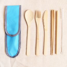 Bamboo Cutlery Set Reusable Picnic Straw Spoon Knife Fork Spoon Brush Flatware Set Travel Utensils