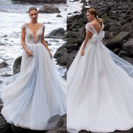 bohemian tulle wedding dresses luxury sheer v neck boho lace appliqued bridal gowns bow back country style beach wedding dress