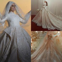 Saudiarabien underbara muslimska klänningar långärmad brudklänningar hög hals spetsar applicerade pärlor vestido de novia bröllopsklänning