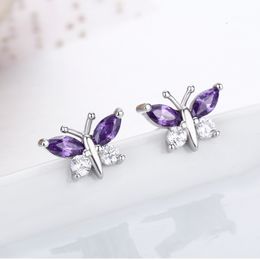 Fashion- 925 Sterling Silver Butterfly Purple 7 White CZ Stud Earrings For Women Children Girls Kids Jewellery Orecchini Aros Aretes