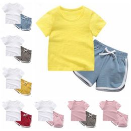 Kids Designer Clothes Baby Summer Casual Clothing Sets Short Sleeve Solid Tops Pants Suits Cotton T-Shirts Drawstring Pants Outfits AZYQ6094