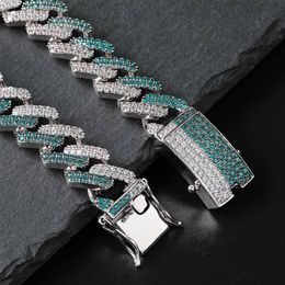 Fashion- White Gold Plated Green CZ Cubic Zirconia Iced Out Mens Cuban Link Chains Bracelet Hip Hop Miami Rapper Jewelry Gifts for Guys