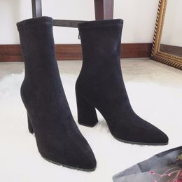 Hot Sale- Suede Women Sock Boots Thick High Heels Ankle Boots For Women Fashion Slim Stretch 2019 Woman