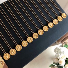 Copper Gold Round 12 Constellation Pendant Charm Necklace For Women Jewellery