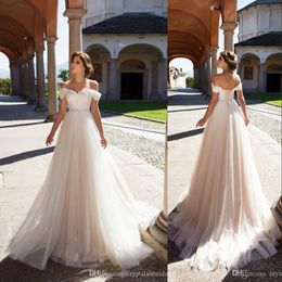 Champagne A Line Wedding Dresses Off Shoulder Appliques Lace Corset Back Summer Plus Size Tulle Sashes Bohemian Beach Formal Bridal Gowns