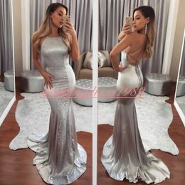 Silver Backless Mermaid Evening Dresses Sequined Satin Crew Neck Arabic Plus Size Party Pageant Formal Said Mhamad Prom Gowns robe de soirée