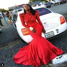 African Red Mermaid Prom Dresses 2020 Long Sleeves Lace Applique Beaded Evening Gowns Plus Size Sweep Train Formal Party Dress