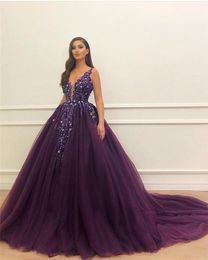 2019 New Sexy Dark Purple Quinceanera Ball Gown Dresses Tulle Deep V-Neck Sequins Sweet 16 Dress Sweep Train Custom Party Prom Eve268R