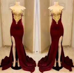 Trendy High Split Sweetheart Mermaid Prom Dresses Gold Applique 2K19 Black Girl Party Gowns Vestido de fiesta Plus Size Evening Dress