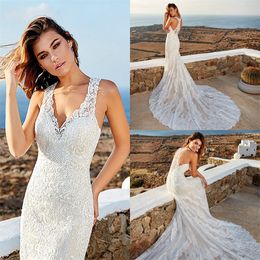 Mermaid Wedding Dresses Sexy V-neck Sleeveless Full Appliqued Lace Tulle Boho Bridal Dress Custom Made Sweep Train Beach Bridal Gown