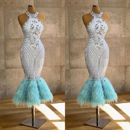 Luxurious Mermaid Feather Prom Dresses Ankle Length Beads Jewel Neck Party Gowns Turkish Vestidos Cheap Formal Dress Evening Wear