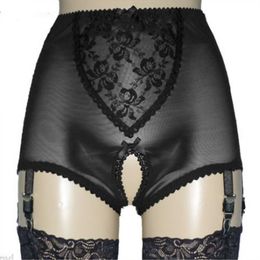 Sexy Damen-Shorts mit offenem Schritt und 4 Metallschnallen, kurze Träger, Spitze und Mesh, Dessous-Hosenträger, elastischer Strumpfgürtel mit Satinschleifen, S-XXL