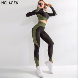 Brand Sport Suit Woman Seamless Running Tracksuit Sportswear Gym Crop Top Yoga Pant Fitness Clothes Workout Leggings 2 Piece Set T200115