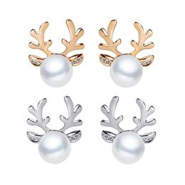Luxury pearl Antlers Stud Earrings Christmas Reindeer Elk Animal Rhinestone crystal Silver Earrings For Women Girls Fashion Jewelry gift