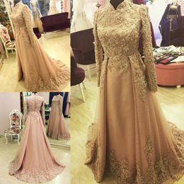 Elegant Overskirts Prom Dress Long Sleeve Dubai Indian Style High Neck Evening Gown Muslim Party Dresses Custom Made Beads Appliques