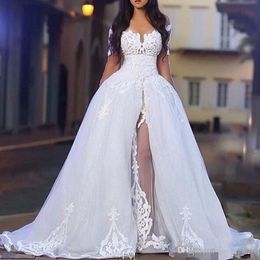 Eleganti abiti da sposa con overskirt fuori dalla spalla abiti da sposa in pizzo a maniche lunghe con treno staccabile247h