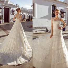 Elegant Wedding Dresses Spaghetti Strap Sleeveless Lace 3D Floral Appliqued Bridal Gown A-line Sweep Train Custom Made Robes De Mariée