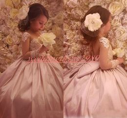 Cute Bow Lace Flower Girls' Dresses Long Sleeve 2020 Pink Girls Birthday Formal Gowns First Communion Dresses Kids Tutu Pageant For Wedding