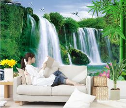 TV background wall waterfall landscape bamboo modern wallpaper for living room