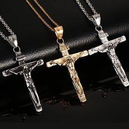 Vintage Jesus Pendant & Necklace Stainless Steel Cross Chain Christian Jewellery Gift Black silver Colour Gold-Color