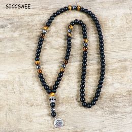 New Design Tiger Eye Nature Stone Matte Black Mala Beads With Silver Lotus Tree of Lif Buddha Pendant Men Rosary Beaded Necklace