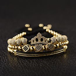 3pcs/set Hip Hop Gold Handmade Braided Bracelet Men Women Pave CZ Copper Crown Bracelet Luxury Jewelry