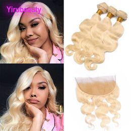 Indian Virgin Hair Remy 613# Human Hair 3 Bundles With 13X4 Lace Closure Body Wave Ear To Ear Pre Plucked With 13 By 4