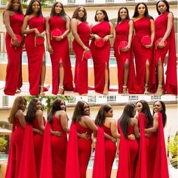 Cheap Red Mermaid Bridesmaid Dresses One Shoulder Side Split Long Wedding Guest Dress Formal Maid of Honour Gowns