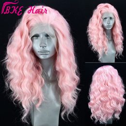 Schneller Versand 360 Lace Frontal Perücke rosa Farbe Lange lose gewellte synthetische Perücken Hitzebeständiges Haar Cosplay Party-Stil