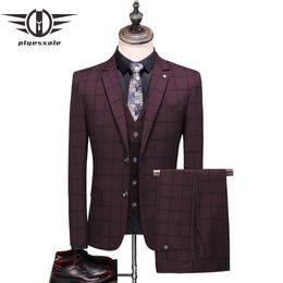 Men's Suits & Blazers Plyesxale Grey Burgundy Navy Blue Plaid Suit Men 2021 Spring Autumn Wedding For Groom Mens Fashion Casual Man Q869