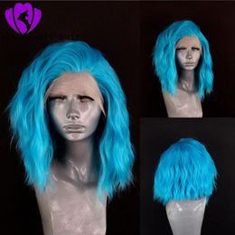 180% Density Loose Wave Lace Front Wigs synthetic heat resistant for Women Blue color Pre Plucked Brazilian short wig With Baby Hair