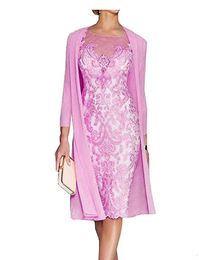 2 Pieces Pink Mother Of Bride Dresses Lace Chiffon Jewel 3 4 Sleeve Knee Length Mother Dress Capped for Weddings182Z