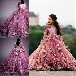 Plum 3D Floral Applique Ball Gown Girl Pageant Dresses Sheer Long Sleeve Appliques Floor Length Kids Toddler Pageant Gowns BC1952