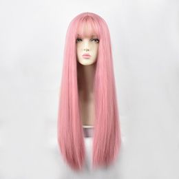 wig with bangs synthetic straight hair 24 inch long heatresistant pink wig for women