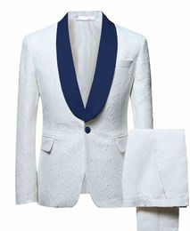 New Arrival Groomsmen Shawl Blue Lapel Groom Tuxedos Embossing Men Suits Wedding/Prom/Dinner Best Man Blazer ( Jacket+Pants+Tie) K398