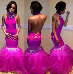 Gorgeous Halter Crystal Beads Mermaid Prom Dresses Backless Evening Dresses Plus Size Robe De Soire Black Girl Party African Formal Gowns