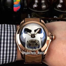 New Bubble Rose Gold Case L390 03694 Black Dial Silver Skull Tourbillon Automatic Mens Watch Brown Leather Strap Watches Hello Wat3054