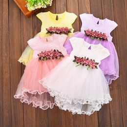 Baby Girls Dress Sleeveless Princess Dresses with Silk Flower Floral Girl Pleated Dresses Latest Summer Kids Clothing 4 Colours DHW2348