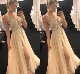 Bling Beading Crystal Sequined Dress Prom Dresses Long V-neck Sexy Side Split A-line Evening Gowns Formal Dress Special Occasion Dress Women