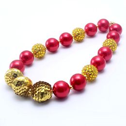 Red Pearl+Bling Gold Kid Chunky Necklace Christmas Gift Toddlers Girls Bubblegum Bead Chunky Necklace Jewellery Gift For Children