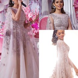 Arabic Evening Gowns Capped Dubai Tulle Lace Applique Elegant Prom Party Formal Dresses Plus Size Special Occasion Dresses3176