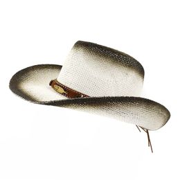 Summer Black Spray Paint Breathable Women Ladies Panama Paper Straw Hat Leather Decor Wide Large Brim Visor Cap Beach Cowboy Hat