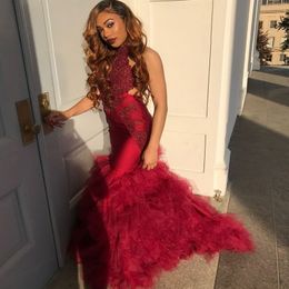 Sexy 2K19 African Prom Dresses High Neck Appliques Lace Cutaway Sides Tiered tulle Mermaid Evening Gowns robes de soirée Cheap Party Dress