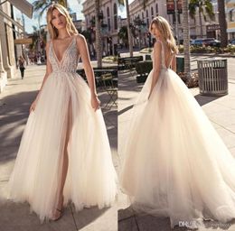 Sexy V-neck Split Evening Dresses Plunging Neckline Crystal Prom Gowns Custom Made Tulle Evening Party Gowns