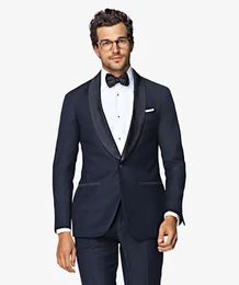 Brand New Navy Blue Men Wedding Tuxedos Shawl Lapel Groom Tuxedos Excellent Men Blazer Suit Prom/Dinner Jacket(Jacket+Pants+Tie) 2620