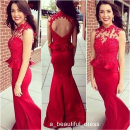 High Neck Mermaid Style Evening Dresses Sheer Neck With Lace Applique Prom Dresses Open Back Peplum Sweep Train Party Gowns ED1120