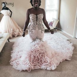 Luxury Plus Size Crystals Mermaid Wedding Dresses Sheer Plunging Neck Beaded Bridal Gowns Ruffled Tulle Chapel Train Trumpet robe de mariée