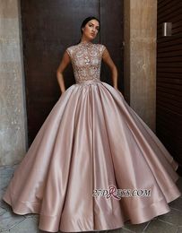 Dusty Pink High Neck Prom Dresses Lace Top Long Sleeves Formal Evening Gowns Floor Length African Satin Party Gowns Plus Size