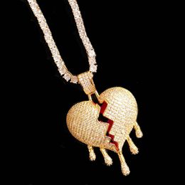 Gold Star Hip Hop Jewellery Drip Broken Heart Pendant Ice Out Tennis Chain Necklace For Man Women Gold Rock Street